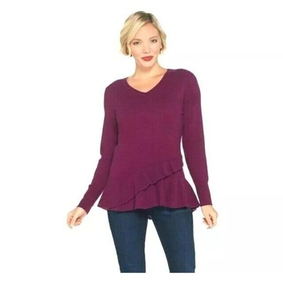 Isaac Mizrahi 2 Ply Cashmere Peplum Sweater Vivid Plum LG - Picture 8 of 8